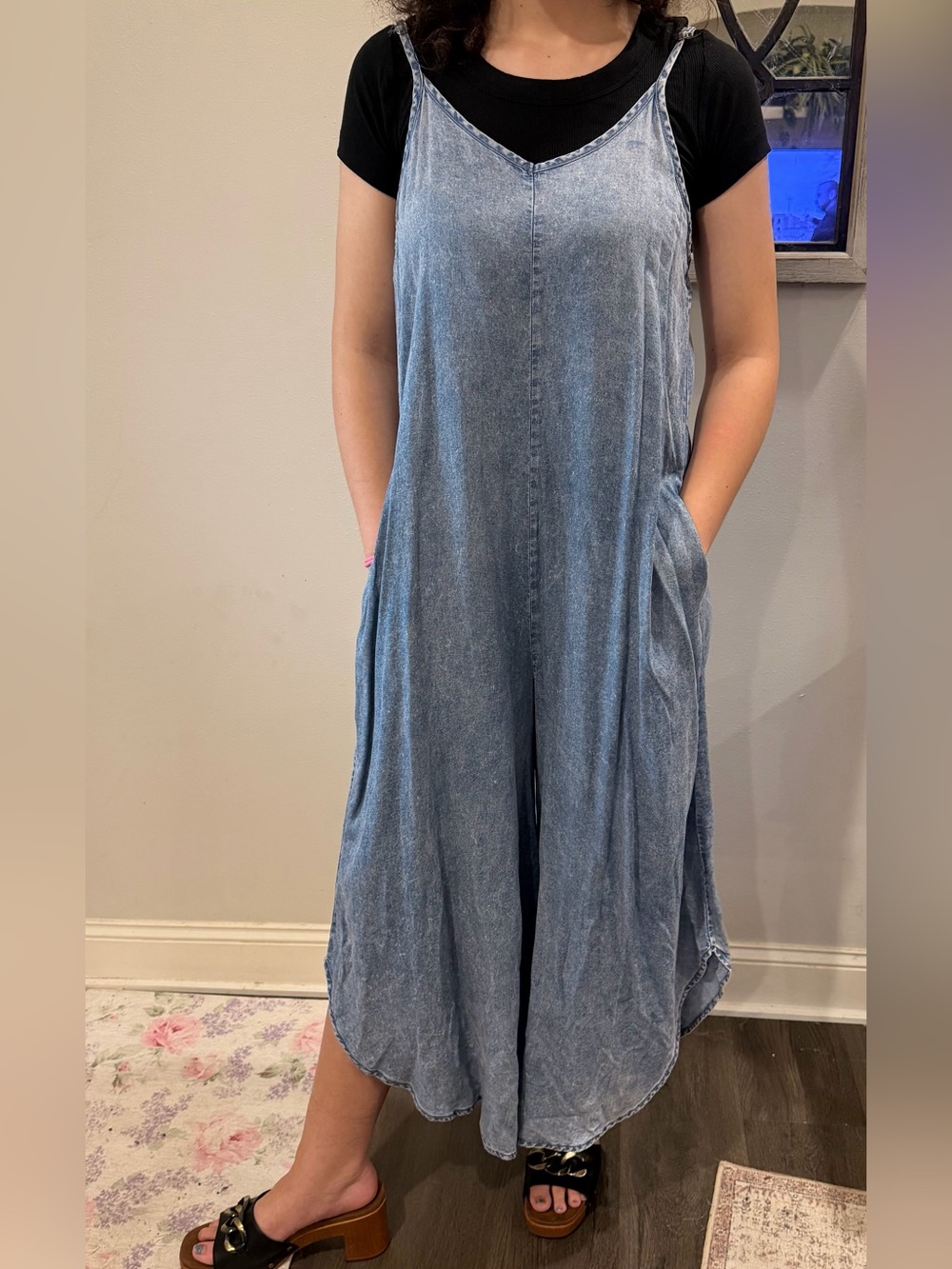 NWOT Zenana tencel Washed Blue Denim look Jumpsuit with Pockets and flare leg